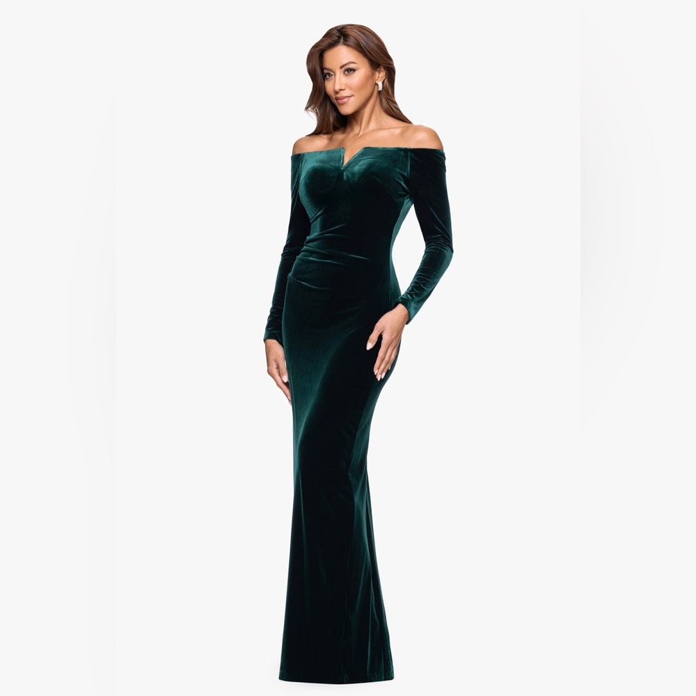 Xscape Off-Shoulder Velvet Dress in Deep Green - Picture 3 of 9